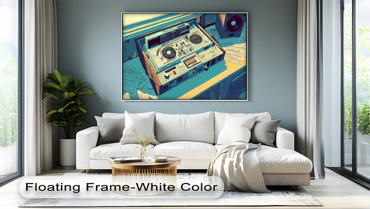 Softly draped throw blankets complement the vintage DJ console canvas painting, adding a layer of comfort to the retro-themed artwork.