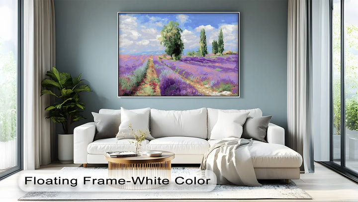 Serene rural path canvas painting through blooming lavender fields
