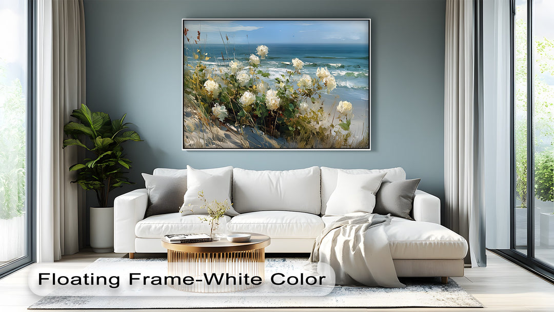 Whispers of the Dunes – White Roses by the Sea Canvas Print