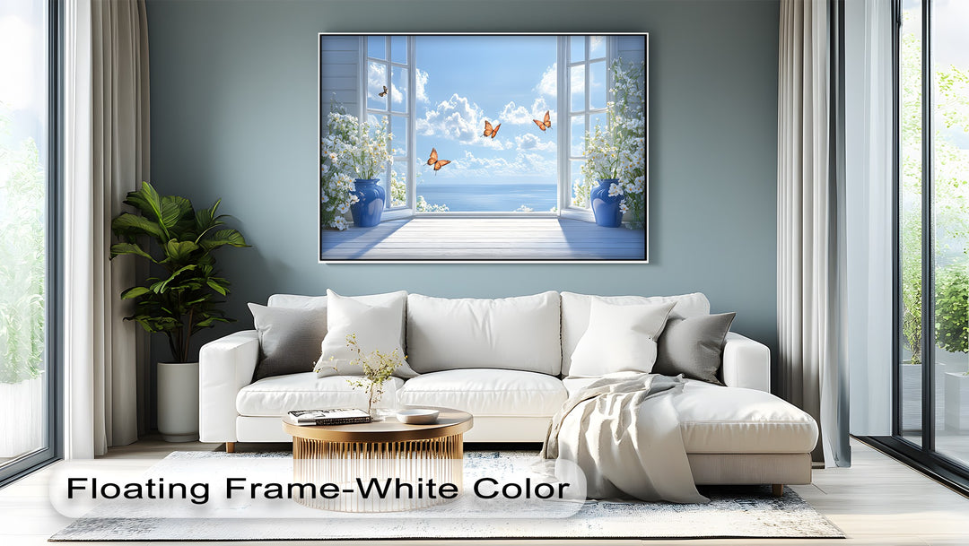 Ocean Breeze Serenity – Blue Vase Flowers and Butterflies Canvas Print