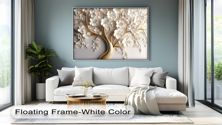 White blossoms and elegant gold branches adorn this luxurious tree canvas print, one of the best canvas prints on a serene blue wall.