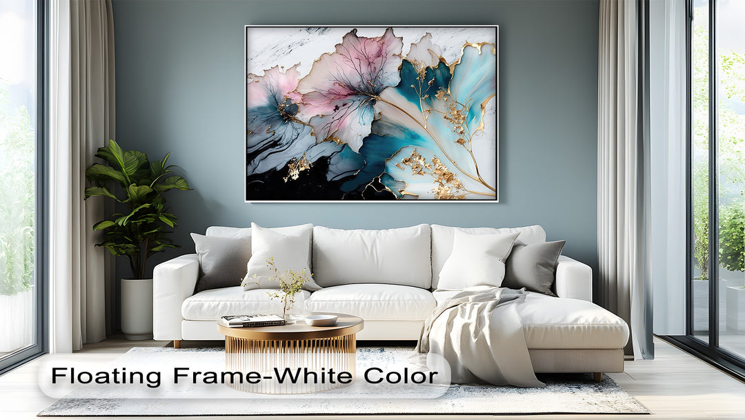 Ample negative space on the tranquil blue-green wall and within the best canvas prints enhances the pastel floral luxury abstract wall art.