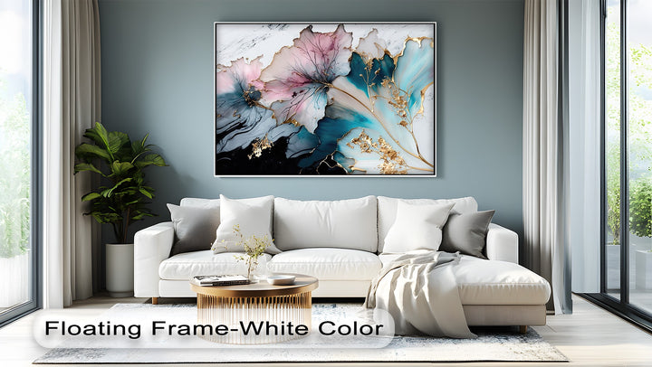 Ample negative space on the tranquil blue-green wall and within the best canvas prints enhances the pastel floral luxury abstract wall art.