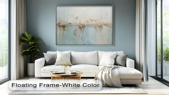 Subtle surface texture enhances the abstract birds canvas print, presenting it as one of the best canvas prints that captures tranquil flight over soft, watery reflections.