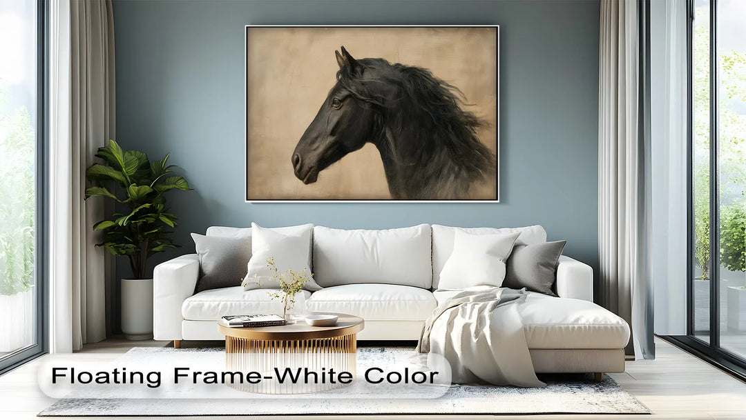 Realistic black horse canvas picture for equestrian home style

