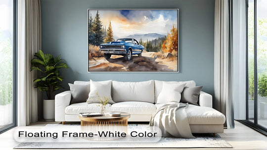 Dominating the scene, the brightest area illuminates a stunning blue classic muscle car against a picturesque autumn forest, making it an exceptional canvas wall art piece.