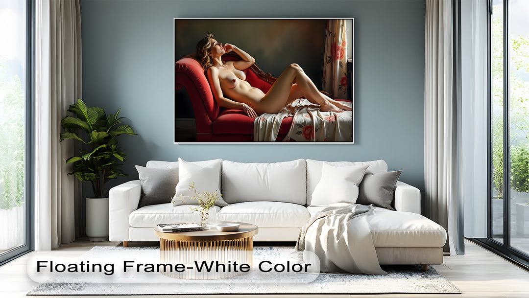 Reclining Nude on Red Chaise - Erotic Canvas Wall Art | Large Art