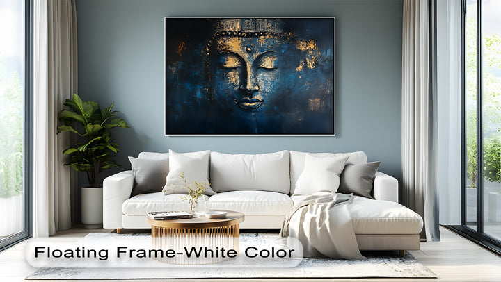 Mystic Serenity – Golden Buddha Face on Midnight Blue Canvas Print