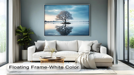 Foreground shows a modern round coffee table and textured rug in front of a white sofa displaying a minimalist landscape canvas art prints of a reflected tree.