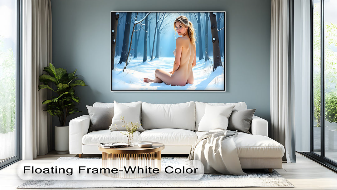Winter Muse – Nude Goddess in Snowy Forest Erotic Canvas Print | Framed Art