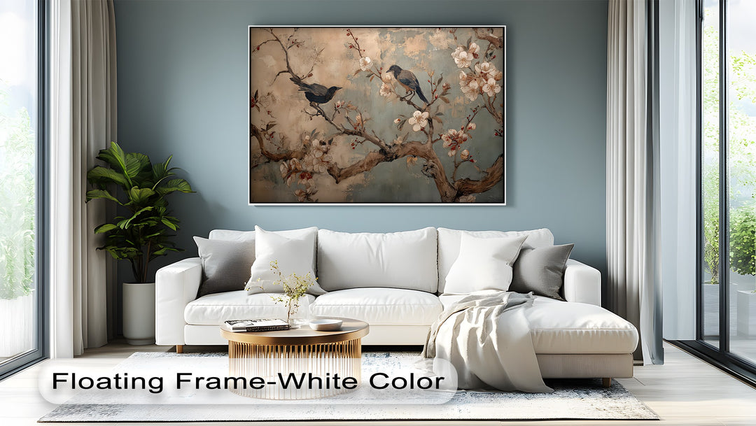 Vintage Cherry Blossom Bird Mural Botanical Canvas Art | Large Canvas