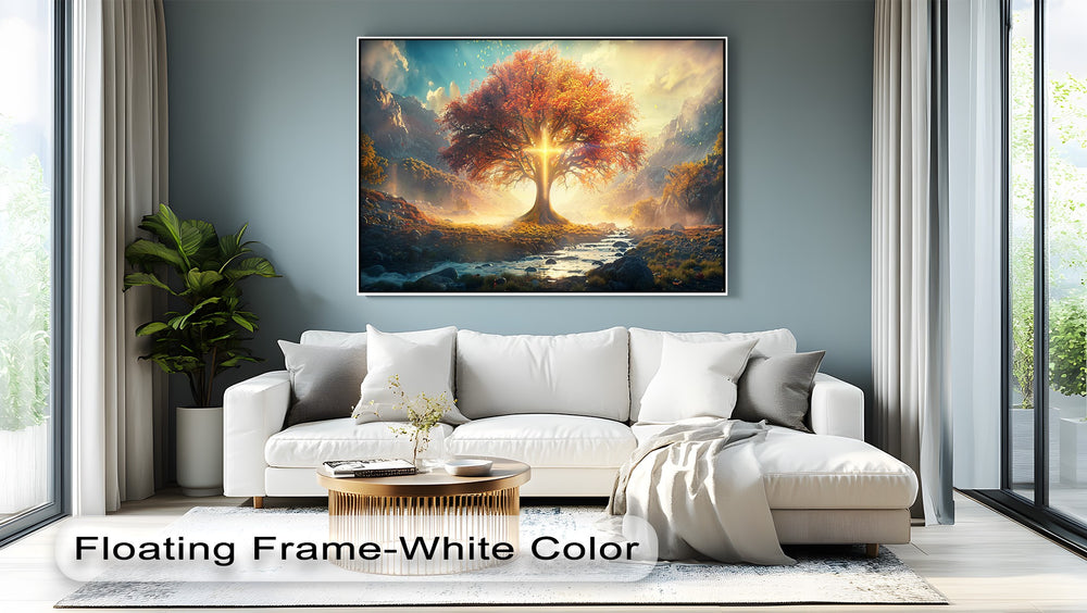Hanging canvas displaying a striking color transition from the radiant tree's golden glow to the cool blues and greens of the mountain landscape.