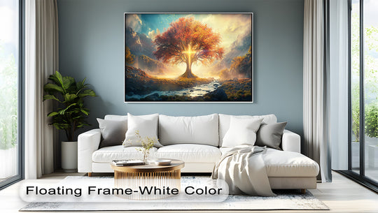 Hanging canvas displaying a striking color transition from the radiant tree's golden glow to the cool blues and greens of the mountain landscape.