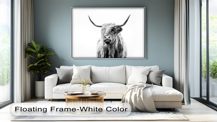 Sharp rectangular frames define the modern living space, featuring a prominent Highland Cow Canvas Print, one of the best canvas prints available.
