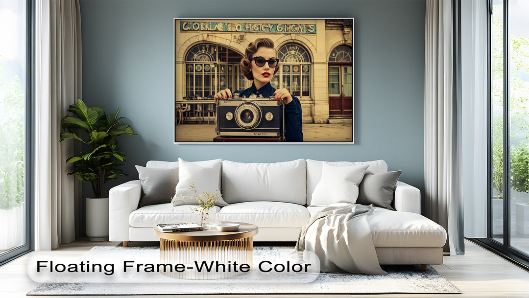 Retro Portrait with Giant Camera – Vintage Glamour Canvas Print