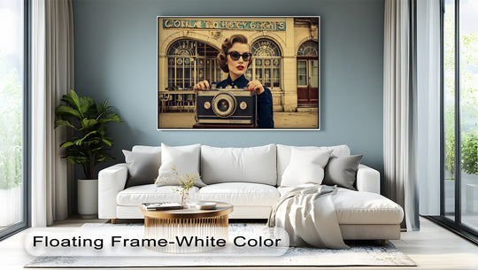 Gradient shifts highlight the vintage glamour canvas print, a retro portrait where premium canvas decor blends cool tones to accent a woman with an oversized camera.