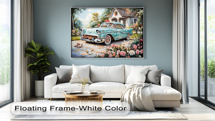 Turquoise Classic Car in Flower Garden – Car Canvas Print