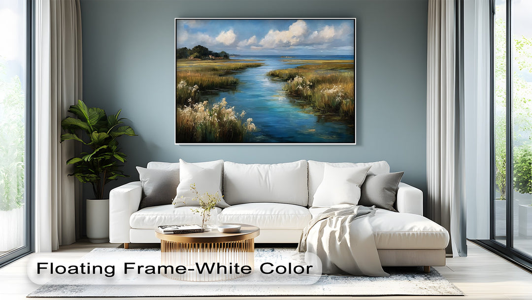 The focal point of this serene coastal marsh landscape big canvas prints showcases calm waters, golden reeds, and blue skies, perfect for adding a touch of nature to your home.