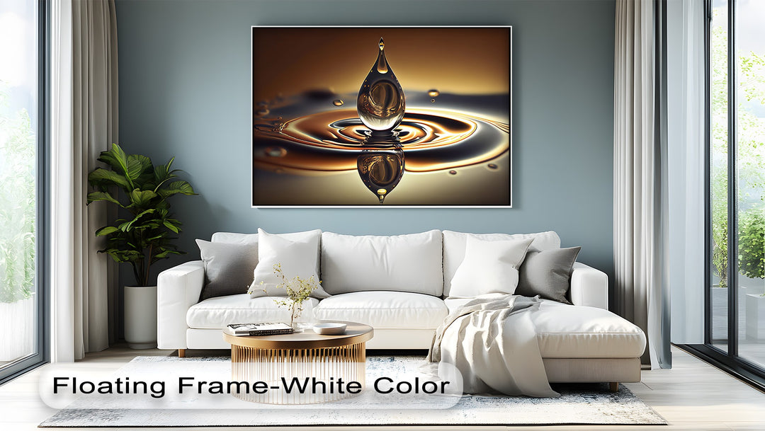 Muted blue-grey living room featuring a stunning golden water drop framed canvas depicting luxurious abstract ripples.