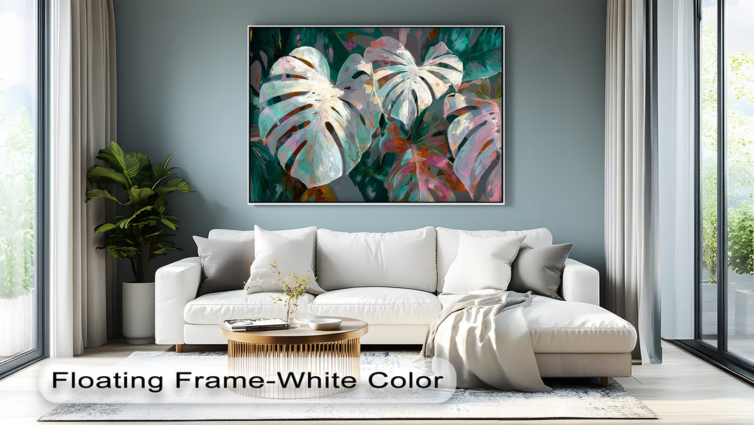 A serene mood is evoked by the tropical monstera leaves canvas wall decor, a botanical canvas print casting a soothing ambiance in a modern home.