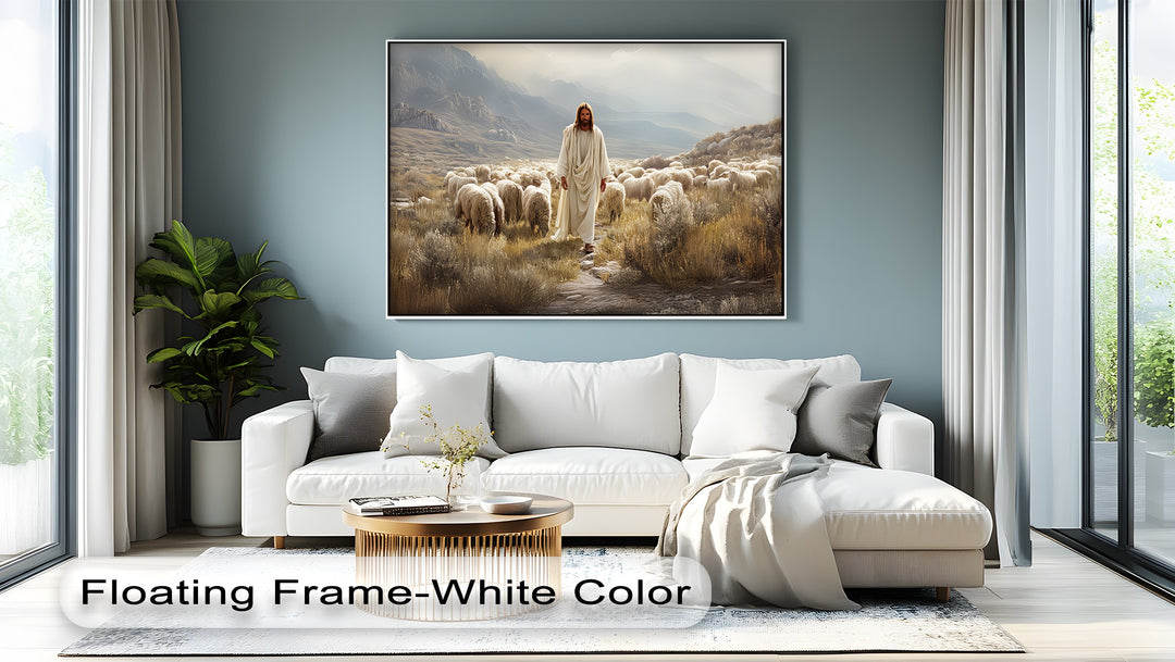 Jesus with Sheep in Mountain Valley - Religious Canvas Print