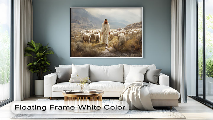 Jesus with Sheep in Mountain Valley - Religious Canvas Print