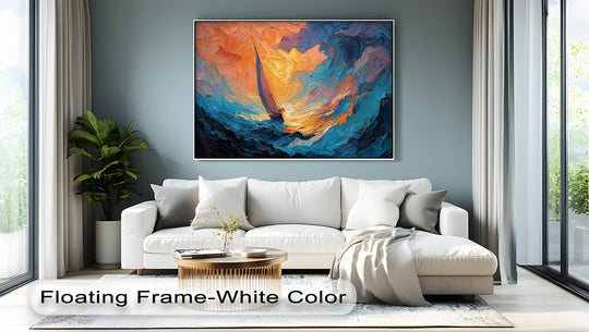 Dominating the space, the abstract sailboat sunset canvas pictures create a striking interplay of negative space with fiery sunset waves, making the artwork an expressive statement.