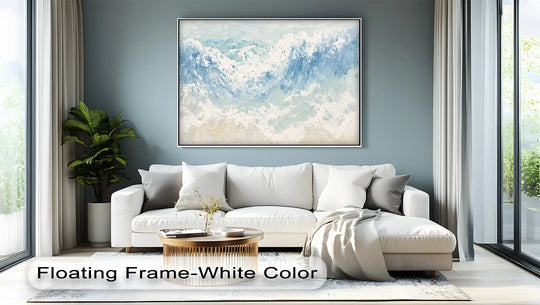Delicate foreground shows a textured surface, highlighting the brushstrokes of the Ocean's Whisper canvas art print with soft, muted blues and sandy hues.