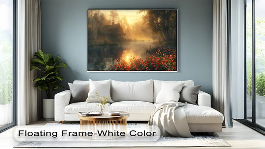 The darkest area of this framed canvas print features a shadowy river reflecting the sunrise alongside a charming cottage and vibrant red flowers.