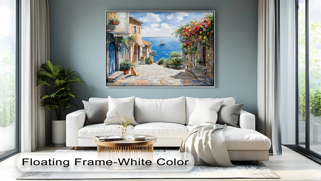 Mediterranean Daydream – Seaside Street with Cat Canvas Print - MyPhotoStation