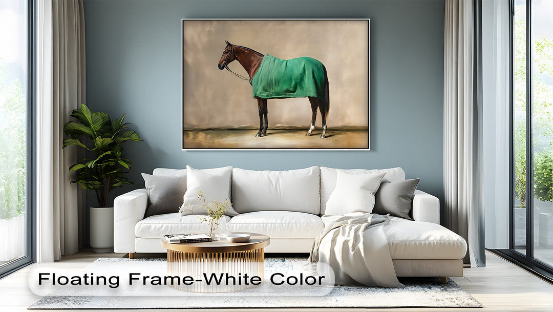Poised Champion – Racehorse Draped in Green Blanket Canvas Print