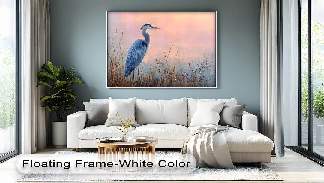 The layering effect of the marsh grasses and hazy pink sky enhances the depth and serenity of this graceful blue heron canvas art prints, creating a captivating wildlife scene.