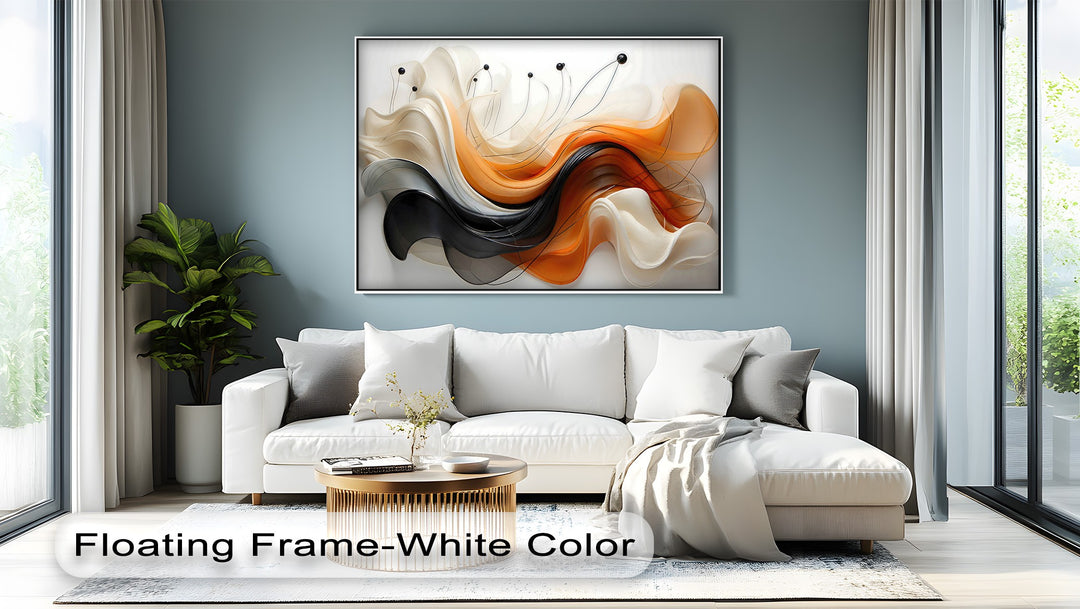 Delicate cream and beige ribbons flow gracefully within the abstract Orange Black Flow canvas pictures, enhancing the room's serene modern ambiance.