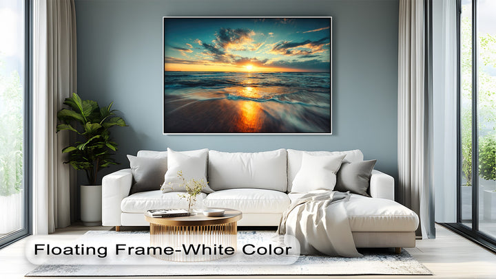 A captivating canvas painting showcases a golden ocean sunset with the sun reflecting intensely on the wet sand and crashing waves.