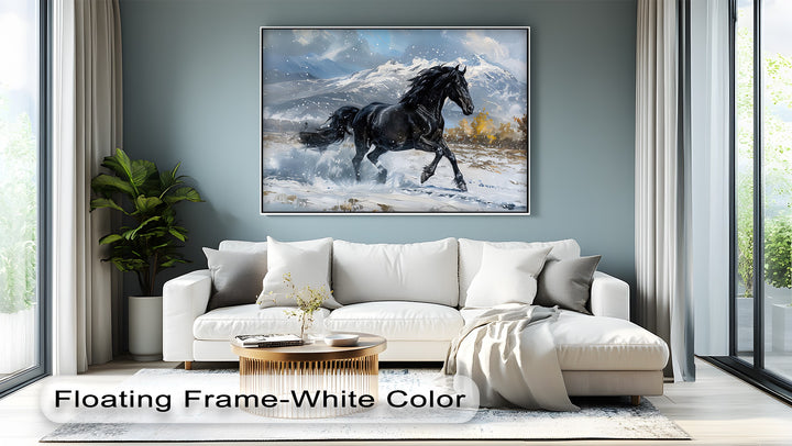 Galloping Black Stallion in Snowy Mountains - Horse Canvas Print