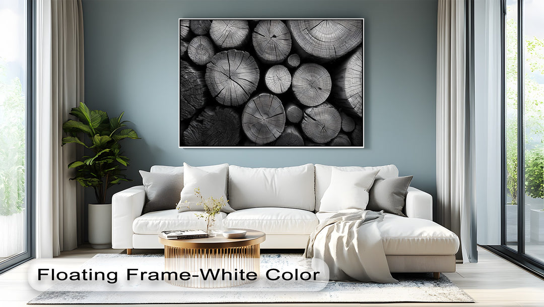Square black and white wood log texture canvas art prints showcase rustic nature wall art with a balanced, symmetrical design and a captivating focal point.