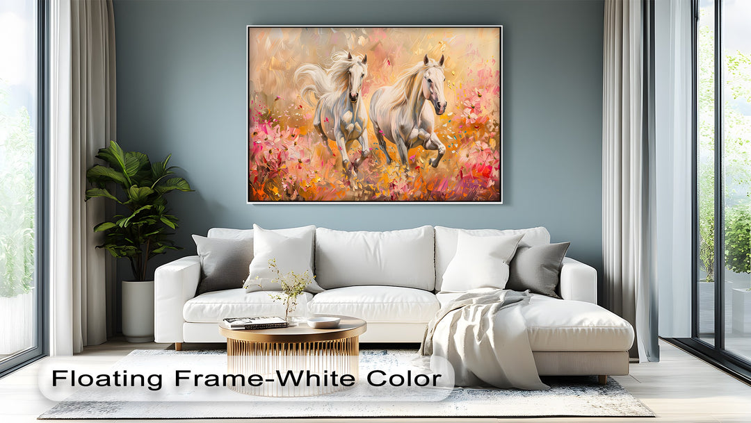 Wild Blossom Run – White Horses Among Petals Canvas Print