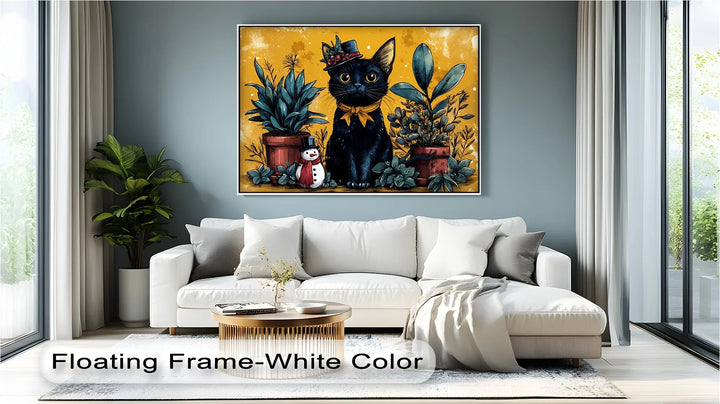 Black Cat with Holiday Hat and Yellow Ribbon - Cat Canvas Print - MyPhotoStation