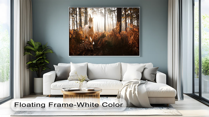 Enchanted Light – White Unicorn in Autumn Forest Canvas Print