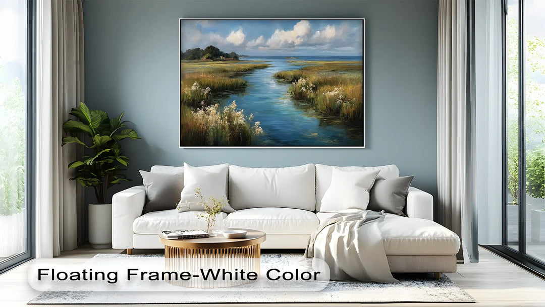 Gentle stream flowing through golden reeds and wildflowers

