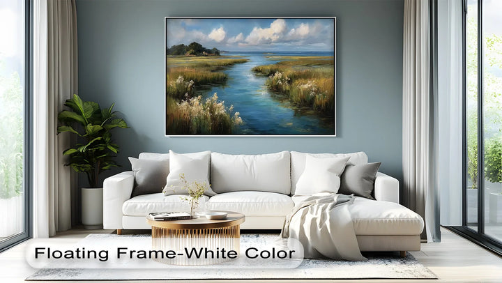 Gentle stream flowing through golden reeds and wildflowers

