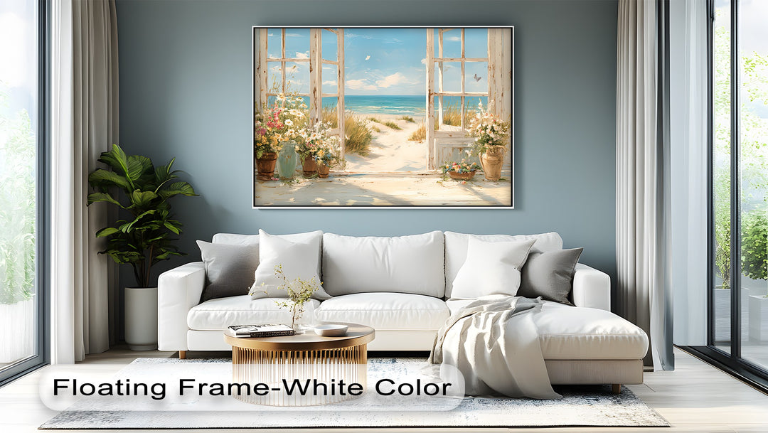 Seaside Serenity – Open Window to Coastal Bloom Canvas Print