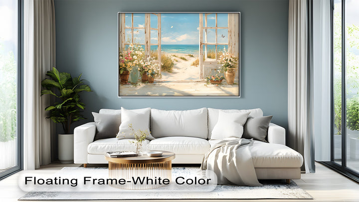 Seaside Serenity – Open Window to Coastal Bloom Canvas Print