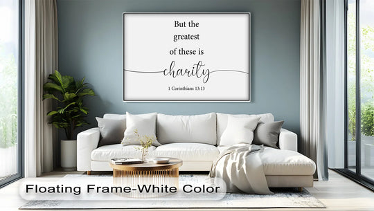 The 'greatest is charity' canvas print from 1 Corinthians 13:13 is the central subject, offering inspirational canvas pictures to elevate home décor.