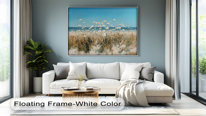 Seaside Serenity – White Wildflowers by the Shore Canvas Print