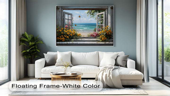 Golden Blooms & Ocean Breeze – Window View Canvas Print