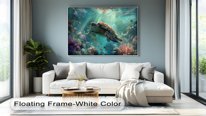 The brightest area showcases dazzling sunlight illuminating a majestic sea turtle and vivid coral within this enchanting ocean canvas pictures.