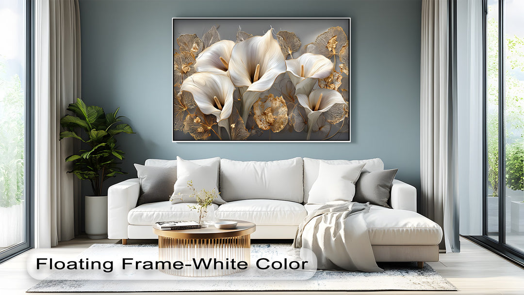 White Calla Lilies with Gold Leaves - Canvas Print