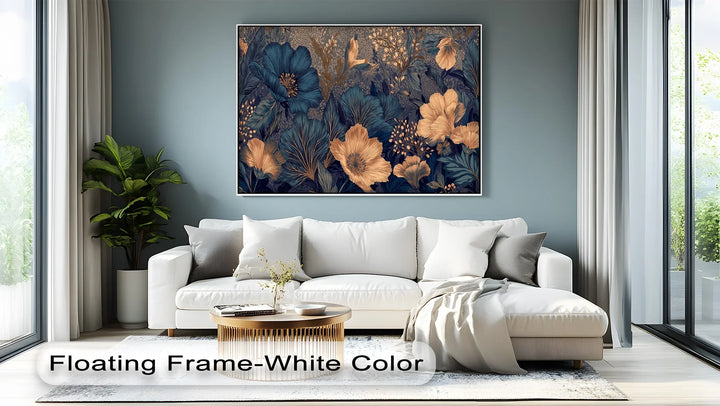 Dark floral canvas print with rich gold leaf and blossom patterns

