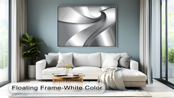 The darkest area, featuring deep charcoal tones and a sleek black outer edge, highlights the abstract silver flow in this minimalist canvas wall art.